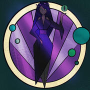 A stained glass window style portrait of the Goddess Enderian. Her left hand is raised with an Eye of Ender hovering above it, while her right arm is relaxed. The background is light and dark purple alternating with 4 different sized green/teal circles.